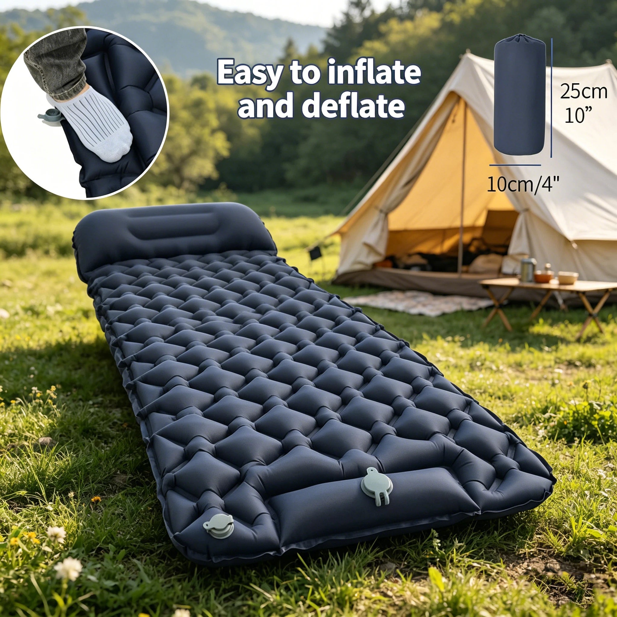 Single Person Inflatable Camping Mattress, 4" Thick Ergonomic Sleeping Pad with Pillow, Portable Air Cushion for Camping, Tent,