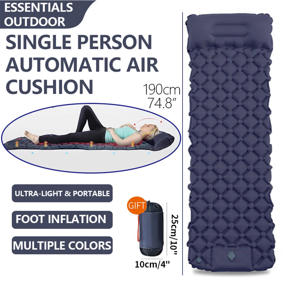 Single Person Inflatable Camping Mattress, 4" Thick Ergonomic Sleeping Pad with Pillow, Portable Air Cushion for Camping, Tent,