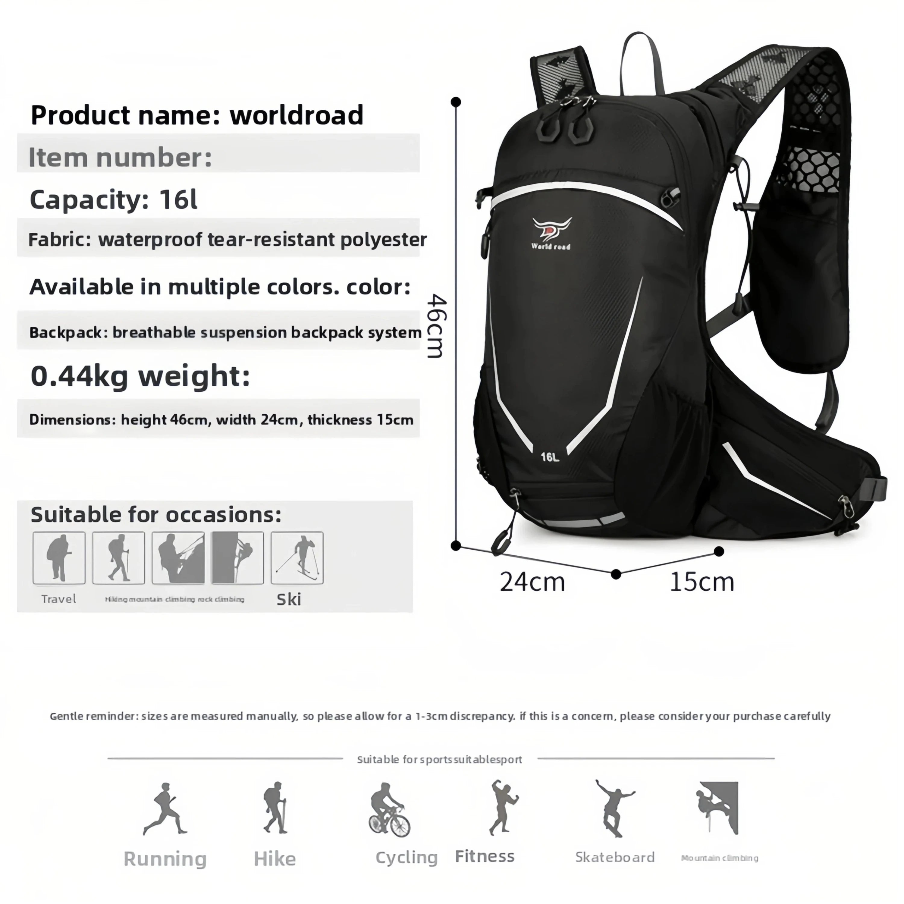 Mountaineering backpack 16 liters men's and women's outdoor sports bag waterproof camping hiking rain