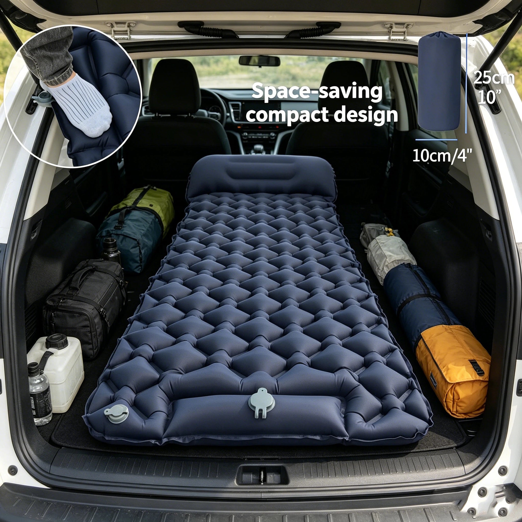 Single Person Inflatable Camping Mattress, 4" Thick Ergonomic Sleeping Pad with Pillow, Portable Air Cushion for Camping, Tent,